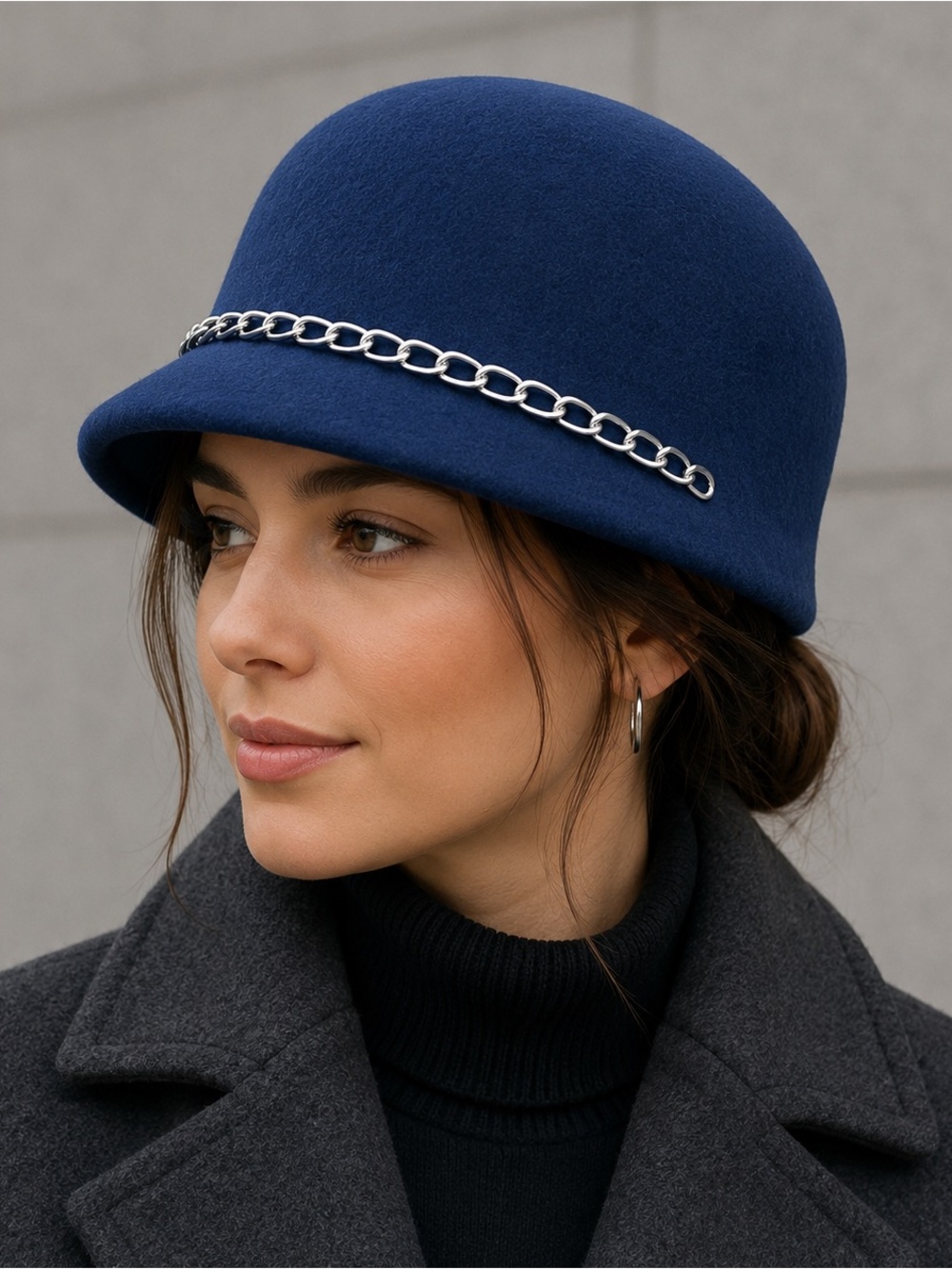 Blue 100% Wool Chain Detail Cloche Hat Newsboy Cap One Size
